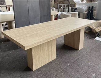 Rectangular Beige Travertine Dining Room Table