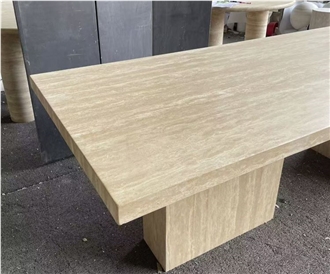 Rectangular Beige Travertine Dining Room Table