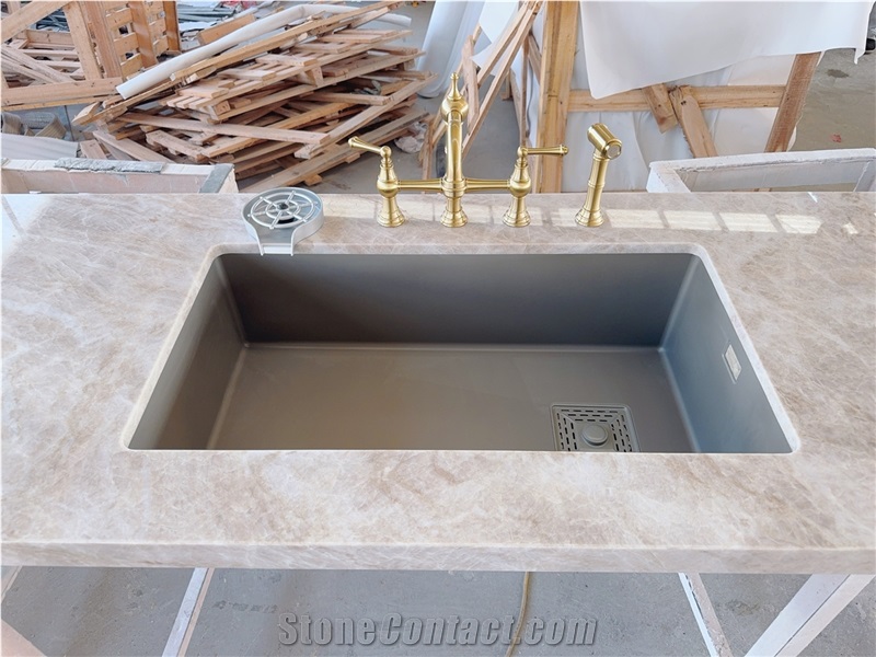 Taj Mahal Quartzite Kitchen Countertop Matching With Sink, Faucet