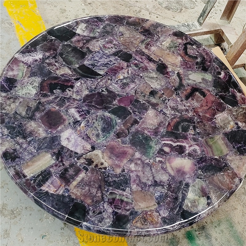 Crystal Quartz Purple Fluorite Semiprecious Stone Solid Surface Table Tops