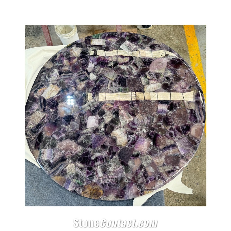 Crystal Quartz Purple Fluorite Semiprecious Stone Solid Surface Table Tops