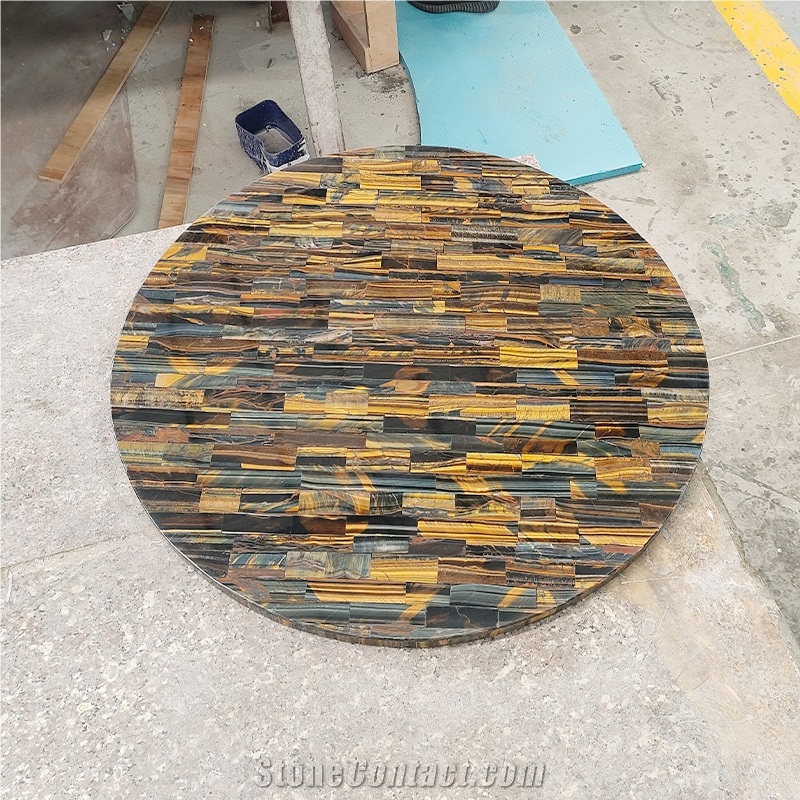 Custom Round Gemstone Tiger Eye Semiprecious Stone Cafe Table Tops