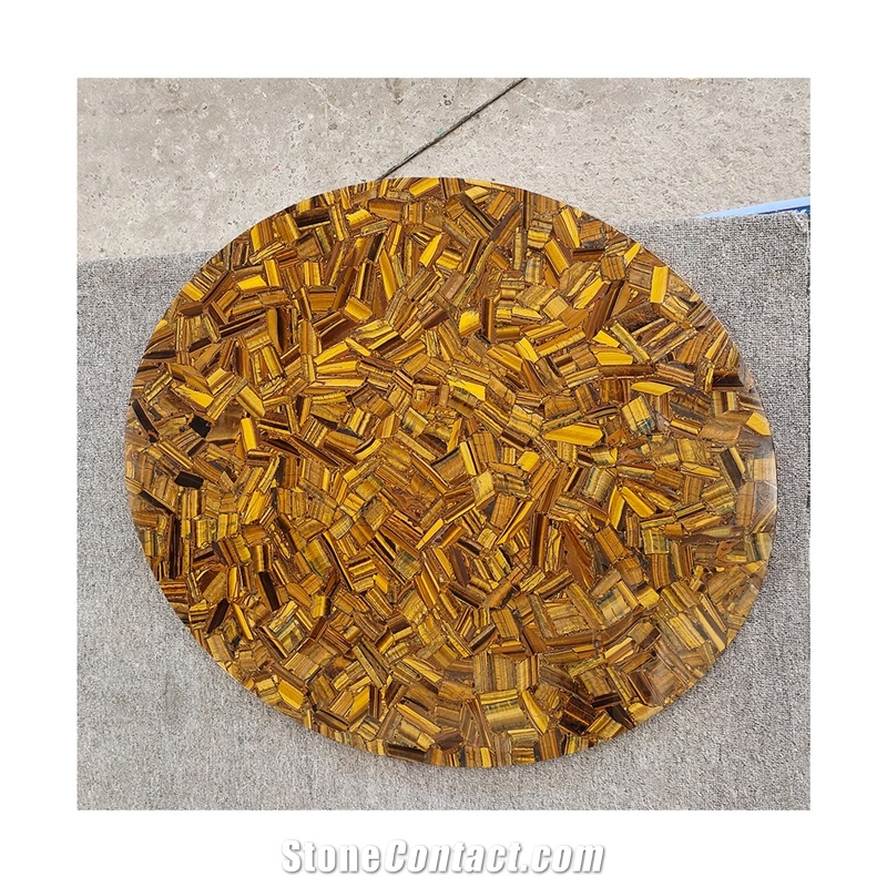 Custom Round Gemstone Tiger Eye Semiprecious Stone Cafe Table Tops