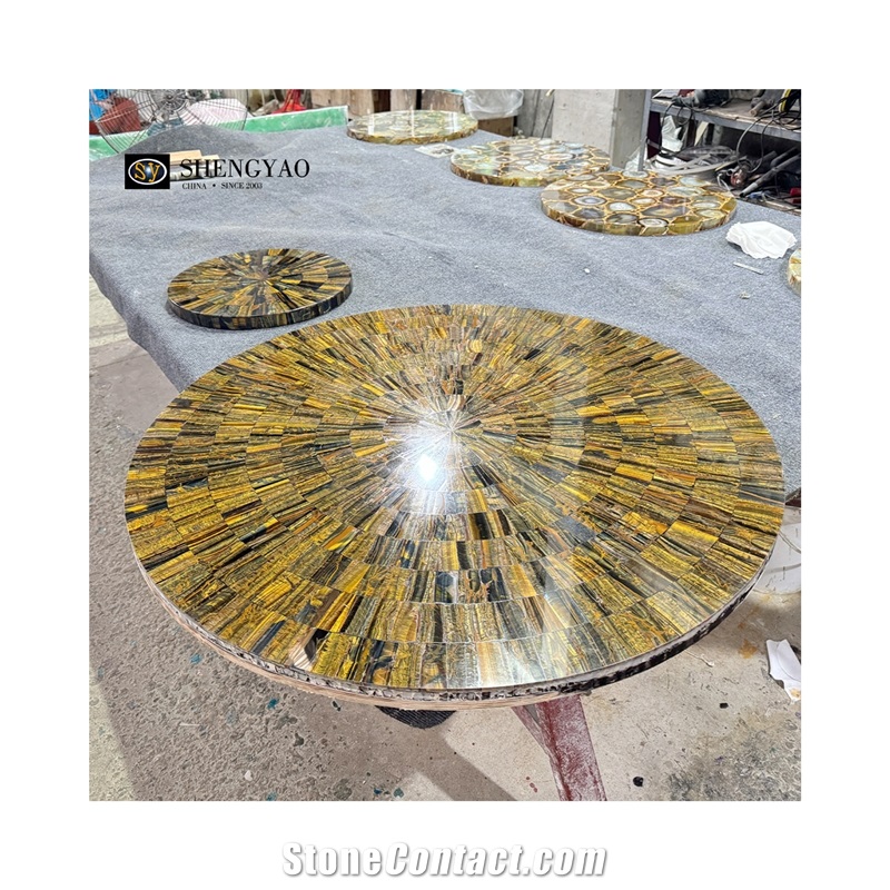 Custom Round Gemstone Tiger Eye Semiprecious Stone Cafe Table Tops
