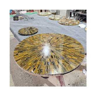 Custom Round Gemstone Tiger Eye Semiprecious Stone Cafe Table Tops