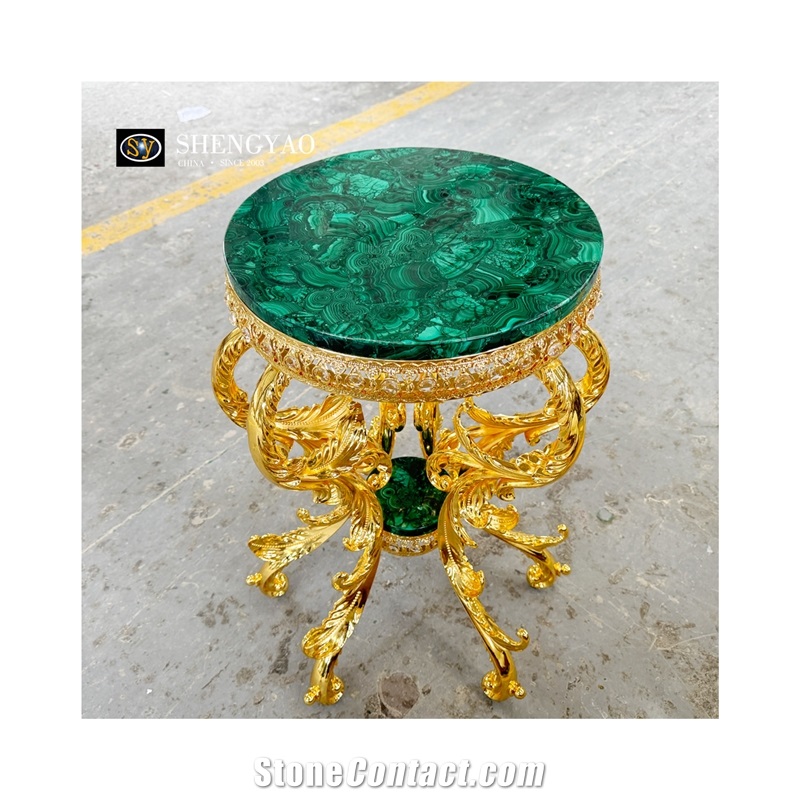 Luxury Villa Furniture Green Malachite Semiprecious Stone Cafe Table