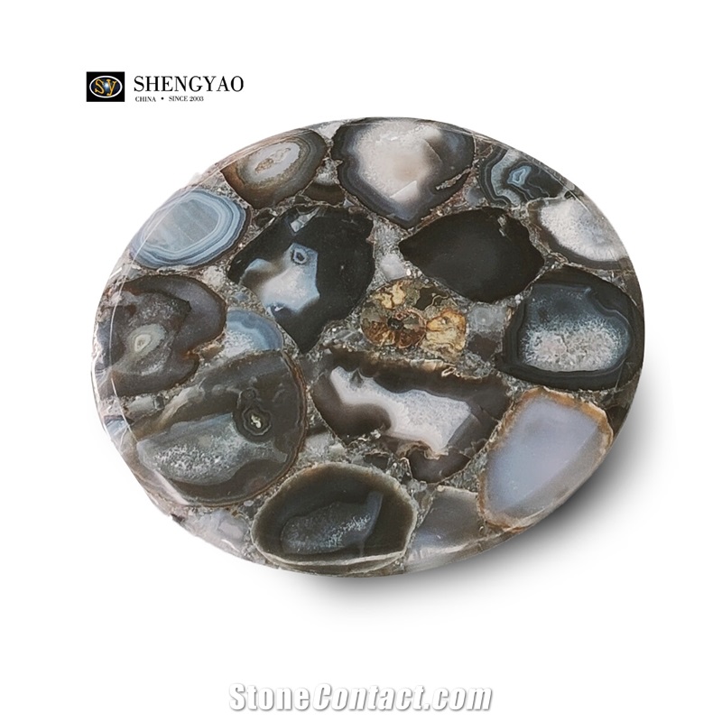 Natural Grey Agate Gem Stone Round  Solid Surface Table Tops