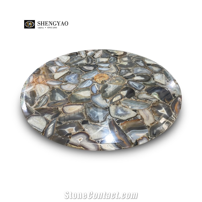 Natural Grey Agate Gem Stone Round  Solid Surface Table Tops