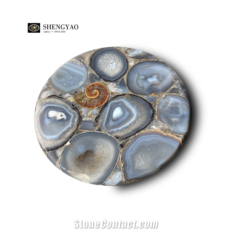 Natural Grey Agate Gem Stone Round  Solid Surface Table Tops