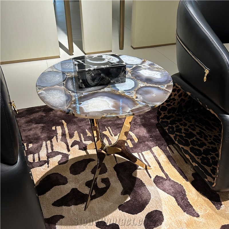 Natural Grey Agate Gem Stone Round  Solid Surface Table Tops