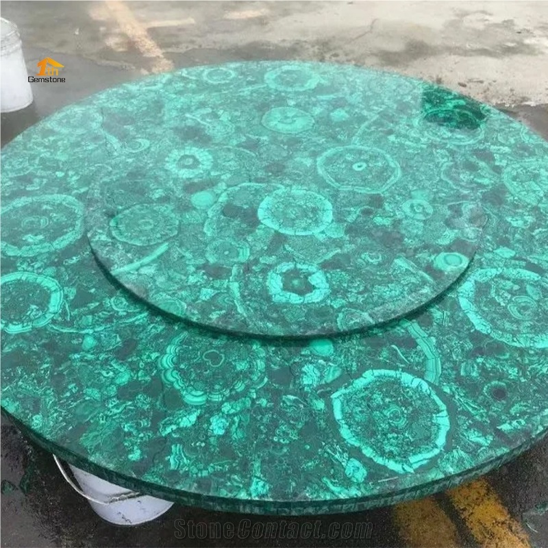 Round Green Luxury Malachite Semiprecious Stone Dining Table For Villa