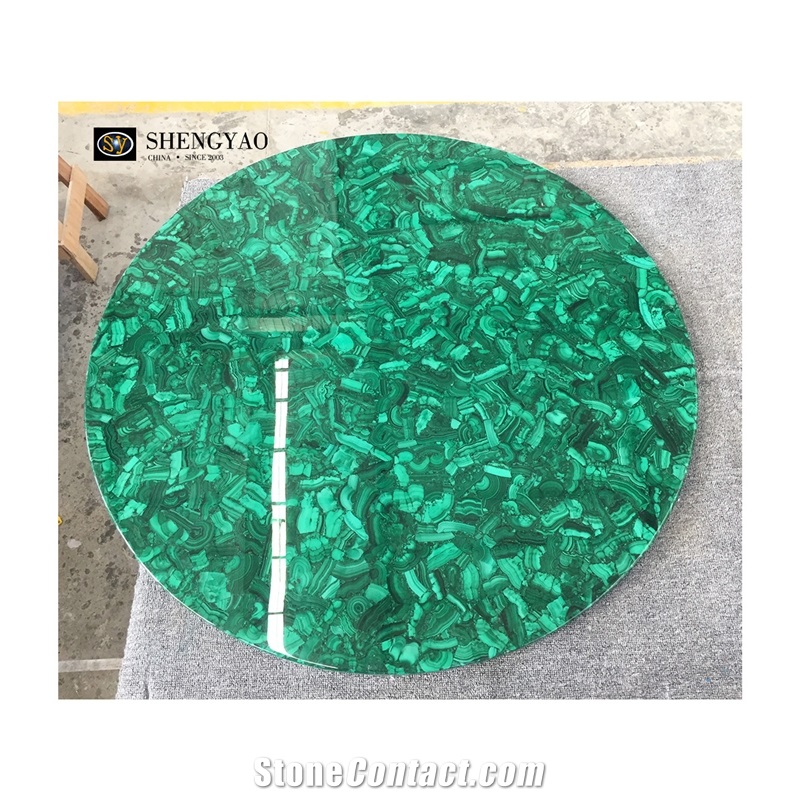 Round Green Luxury Malachite Semiprecious Stone Dining Table For Villa