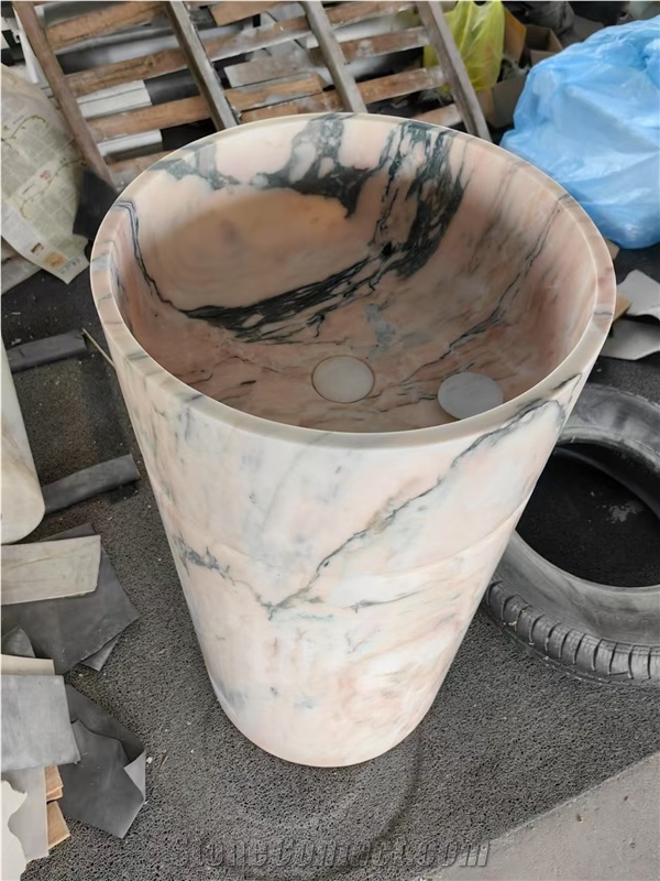 Calacatta Pink Pedestal Round Wash Basin For Hotel Bathrooms