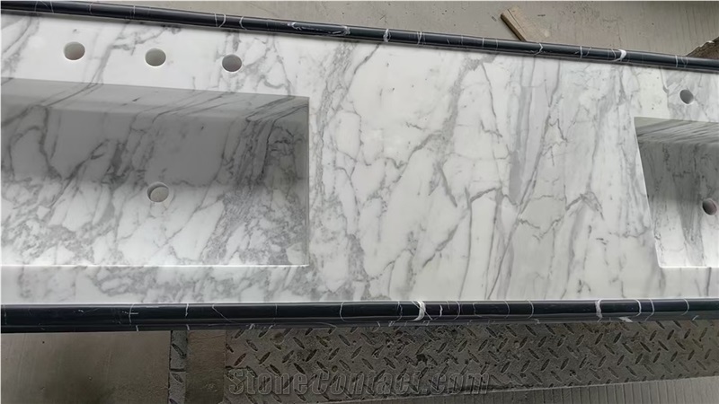 Prefab Marble Statuario Carrara Double Sink Vanity Tops