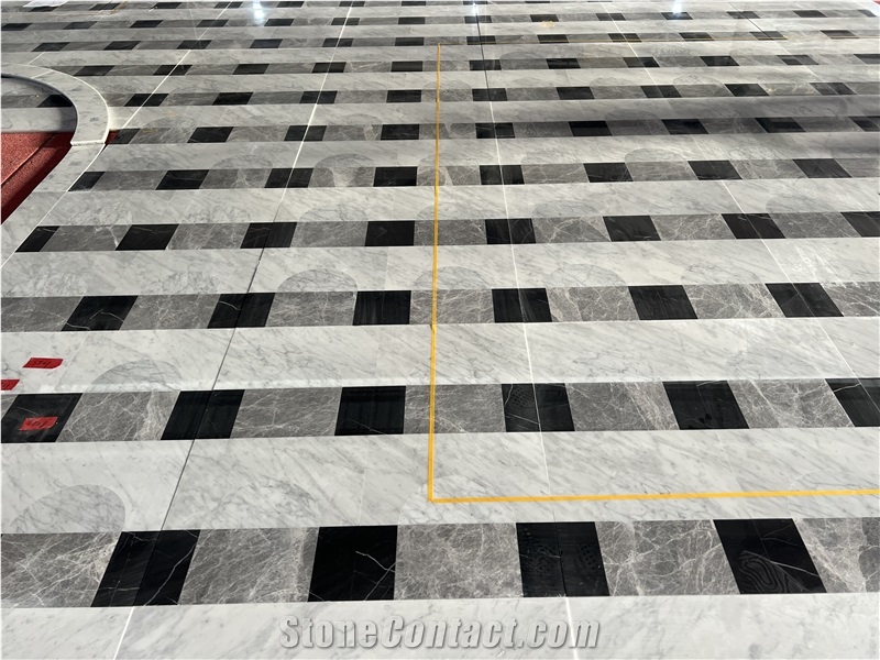 Black White Grey Marble Waterjet Cut Floor Mosaic