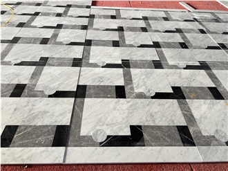 Black White Grey Marble Waterjet Cut Floor Mosaic