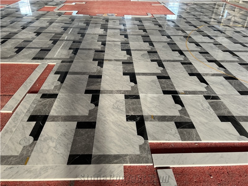 Black White Grey Marble Waterjet Cut Floor Mosaic