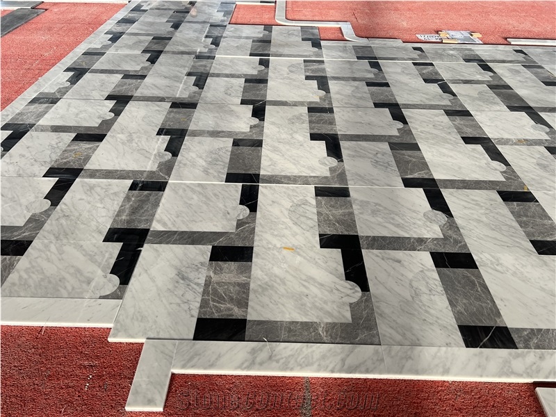 Black White Grey Marble Waterjet Cut Floor Mosaic