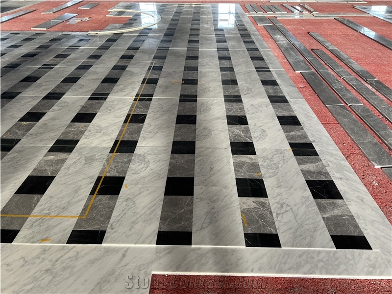 Black White Grey Marble Waterjet Cut Floor Mosaic