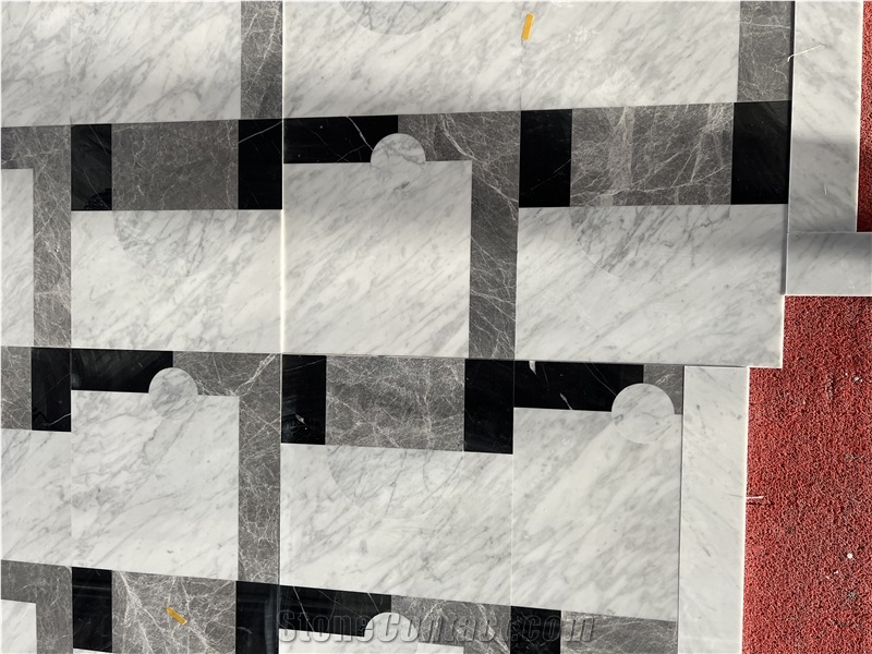 Black White Grey Marble Waterjet Cut Floor Mosaic