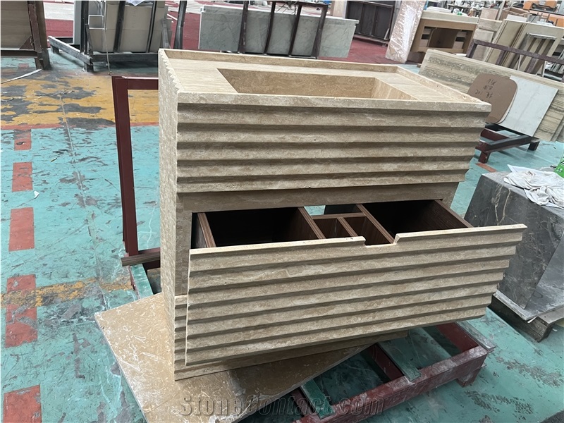 Beige Travertine Fluted Bathroom Vanity Cabinet With Sink Bathroom Unit
