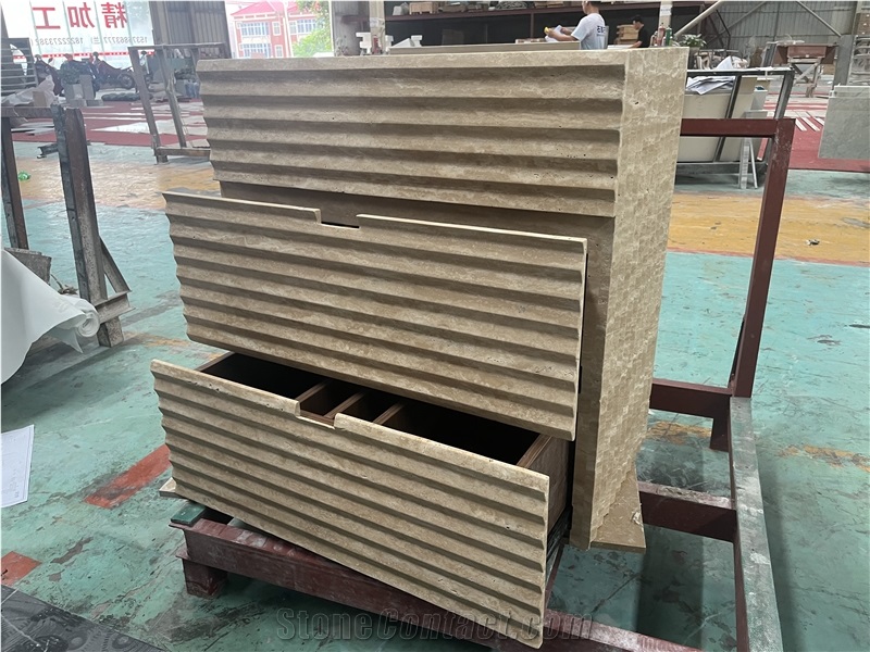 Beige Travertine Fluted Bathroom Vanity Cabinet With Sink Bathroom Unit