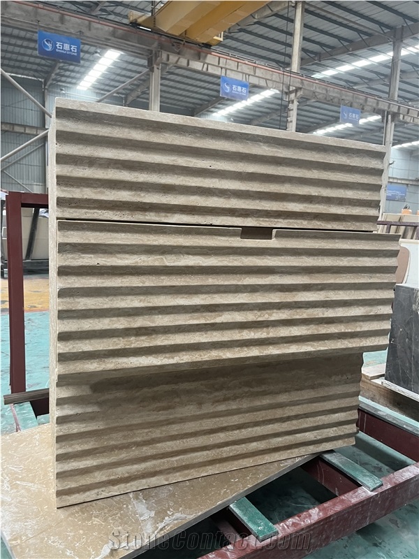 Beige Travertine Fluted Bathroom Vanity Cabinet With Sink Bathroom Unit