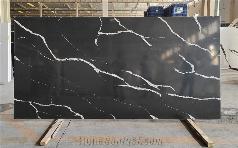 Natural Marble Veining Artificial Quartz Slabs Black Horizon