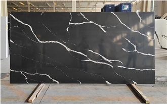 Natural Marble Veining Artificial Quartz Slabs Black Horizon