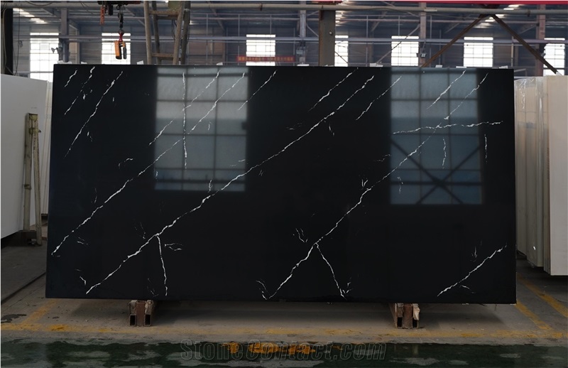 Natural Marble Veining Artificial Quartz Slabs Black Horizon