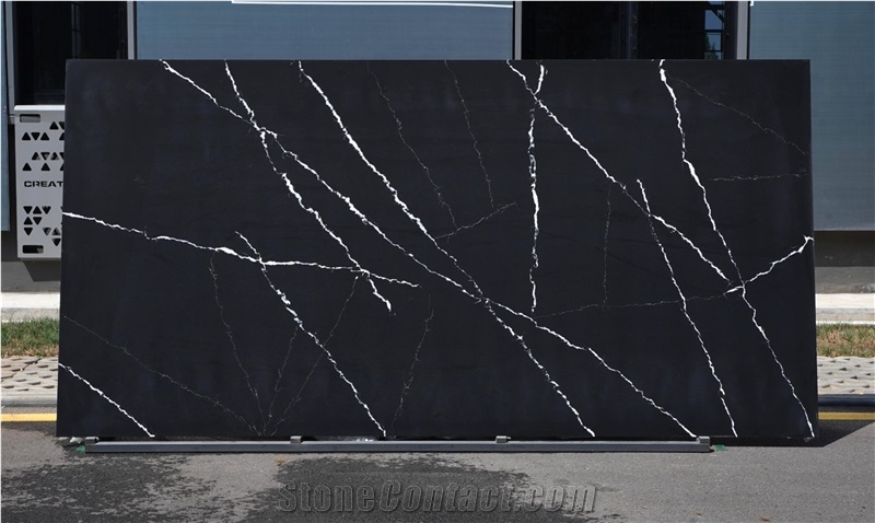 Natural Marble Veining Artificial Quartz Slabs Black Horizon