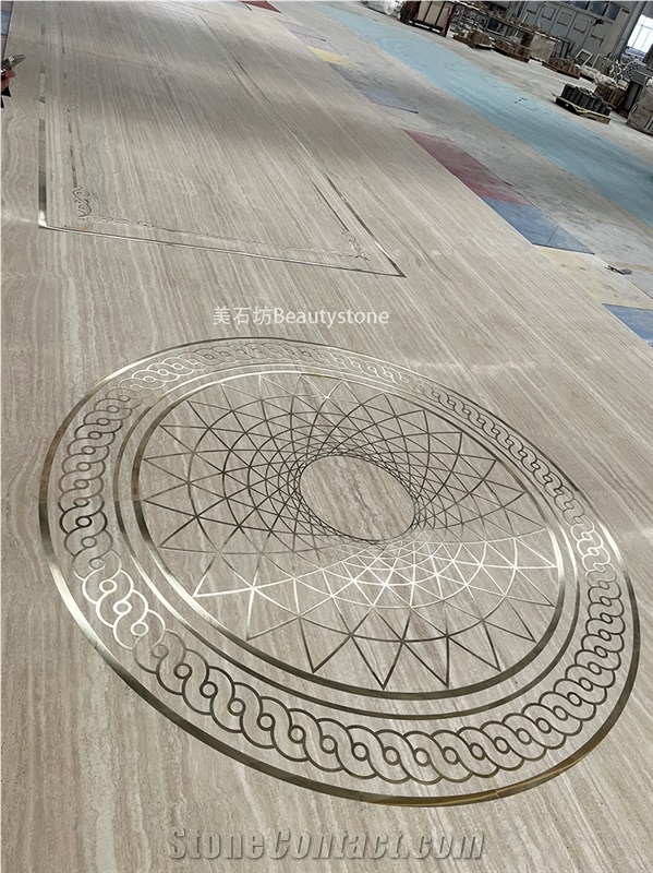 Brass Travertine Inlay Waterjey Medallion Polished