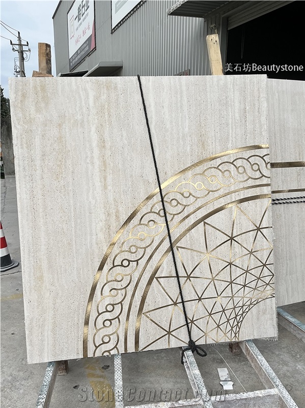 Brass Travertine Inlay Waterjey Medallion Polished