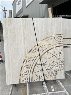 Brass Travertine Inlay Waterjey Medallion Polished