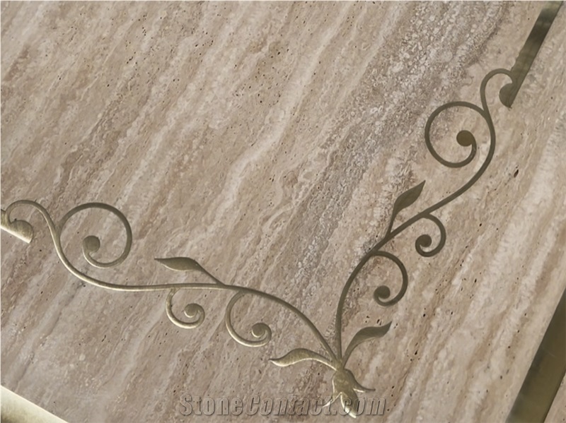 Brass Travertine Inlay Waterjey Medallion Polished