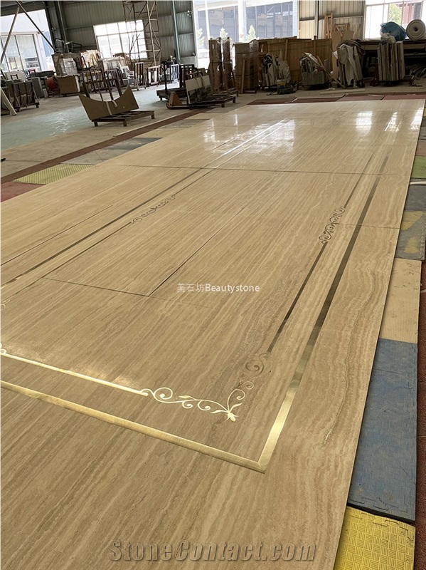 Travertine Inlay Brass Round Waterjet Medallions Polished