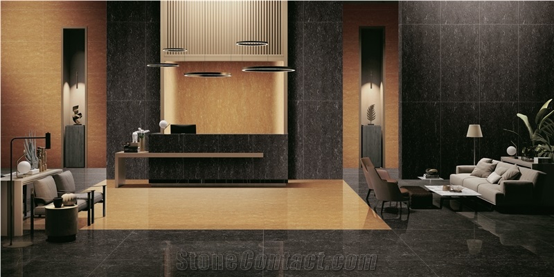 Black Travertine Unglazed Polish  Porcelain Tiles