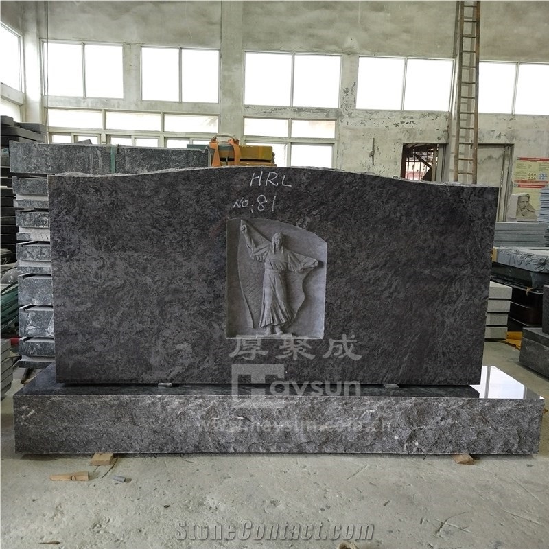 Vizag Blue Granite Upright Headstone With Carved Mary
