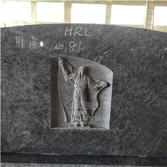 Vizag Blue Granite Upright Headstone With Carved Mary