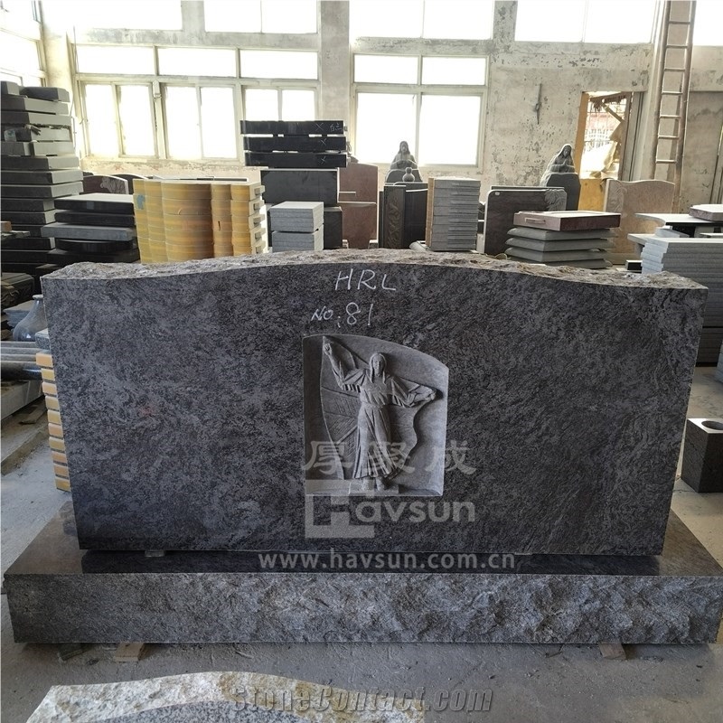 Vizag Blue Granite Upright Headstone With Carved Mary
