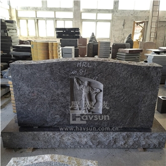 Vizag Blue Granite Upright Headstone With Carved Mary