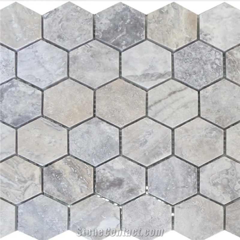 Silver Travertine TF-S-HX44 Hexagon Mosaic Tiles