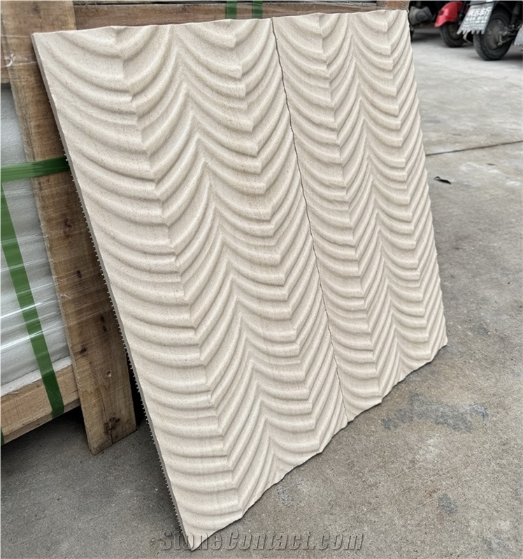 Moca Cream Limestone Fishbone Shape 3D Wall Decor Panels