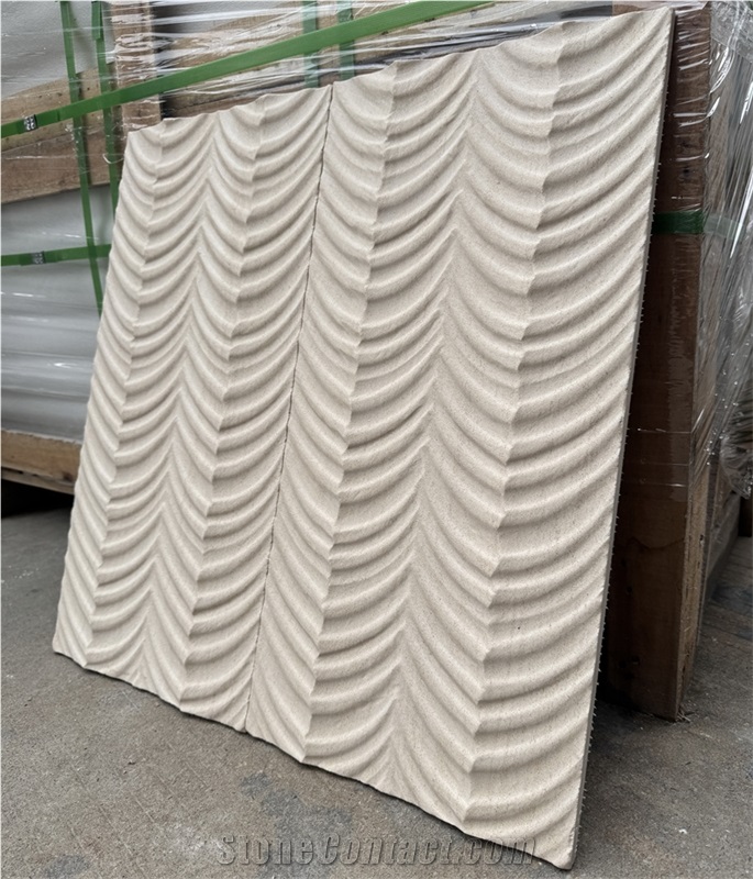 Moca Cream Limestone Fishbone Shape 3D Wall Decor Panels
