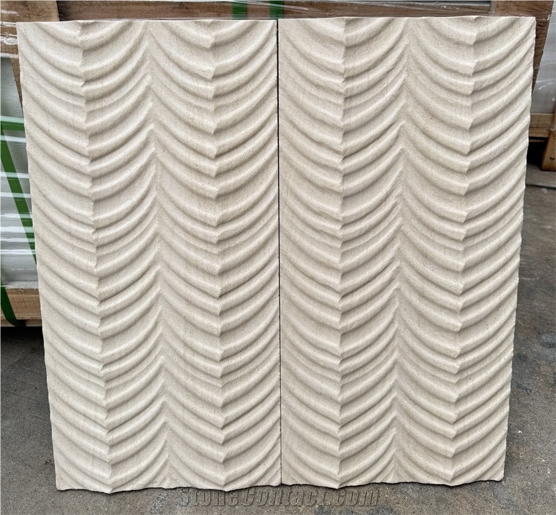 Moca Cream Limestone Fishbone Shape 3D Wall Decor Panels