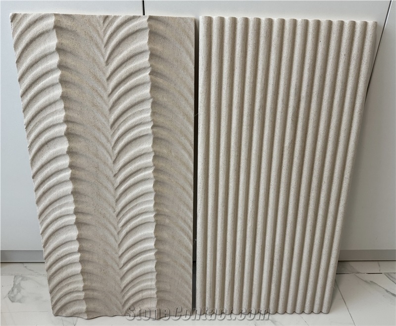 Moca Cream Limestone Fishbone Shape 3D Wall Decor Panels