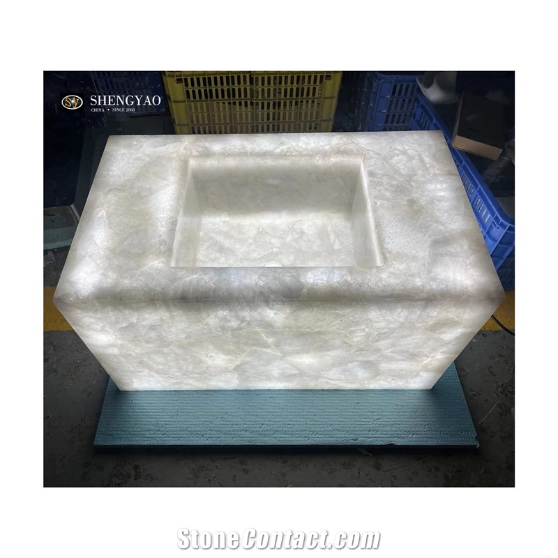 Backlit Natural White Crystal Quartz Semiprecious Stone Rectangle Sink