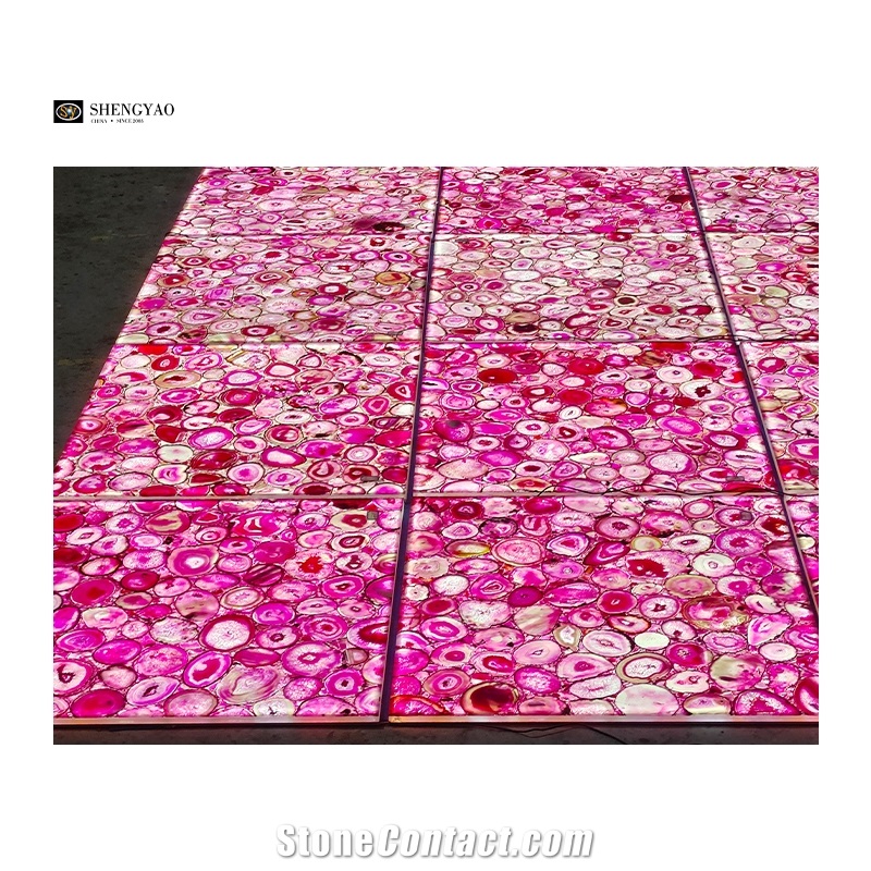 Backlit Pink Crystal Agate Flooring Semiprecious Tiles