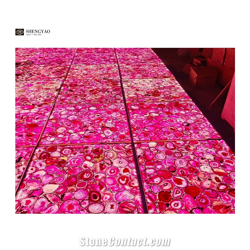 Backlit Pink Crystal Agate Flooring Semiprecious Tiles