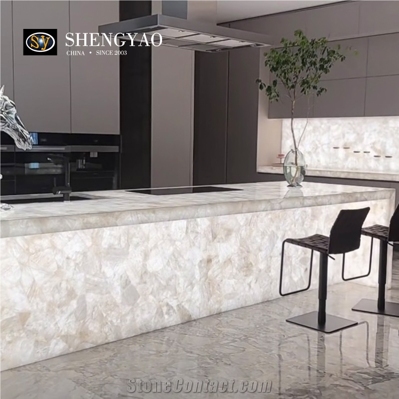 Backlit White Crystal Clear Quartz Kitchen Island Tops